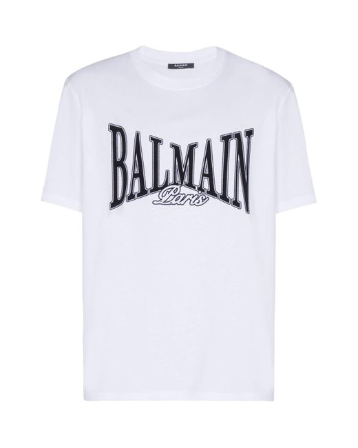 Balmain White Cotton Flocked Logo T-Shirt for men