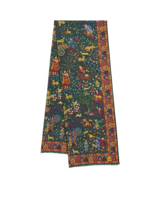 Drake's Green Wool-Silk Printed Scarf for men