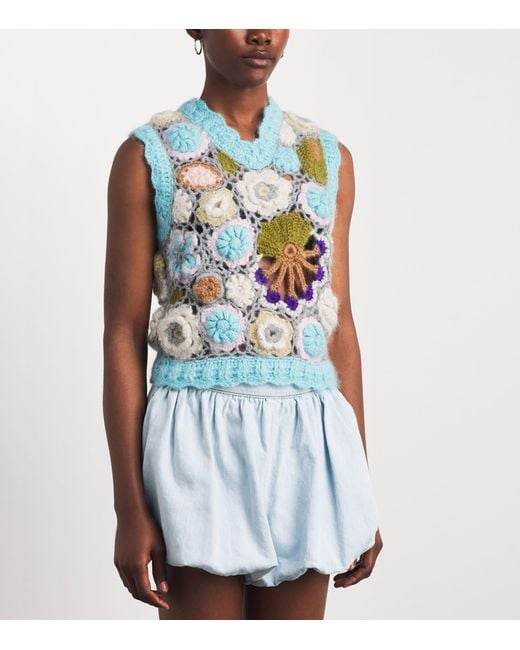 Ganni Blue Mohair-Blend Dreamy Floral Sweater Vest