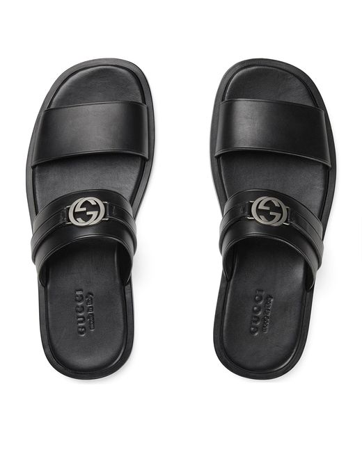 Gucci Black Leather Interlocking G Sandals