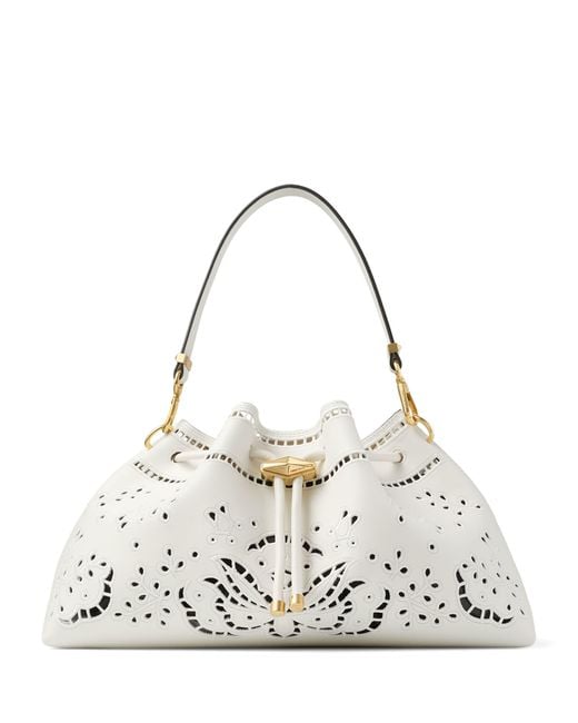 Jimmy Choo White Medium Cinch Cut-Out Leather Bucket Bag