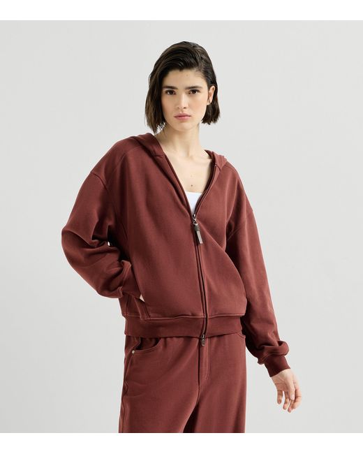 Brunello Cucinelli Red French Terry Zip-Front Hoodie