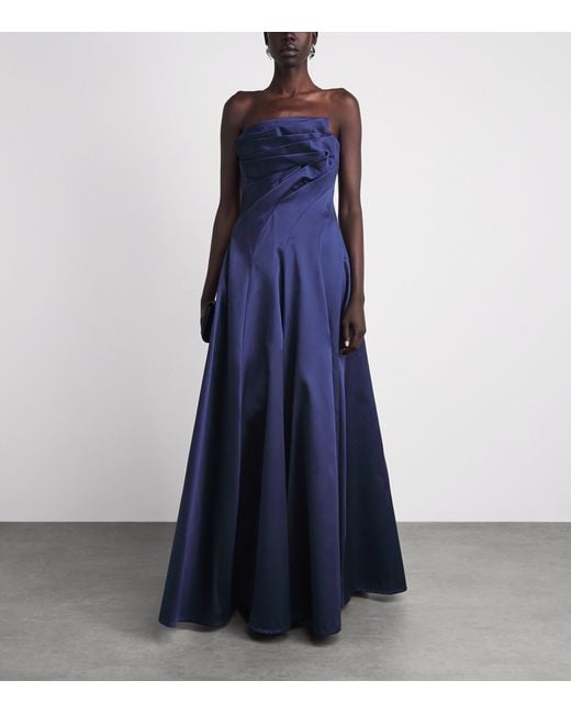Talbot Runhof Blue Mikado Satin Pleated Gown