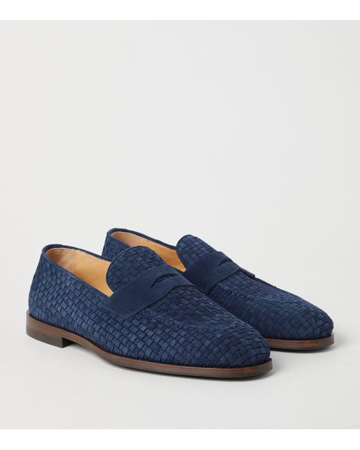 Brunello Cucinelli Blue Suede Woven Penny Loafers for men