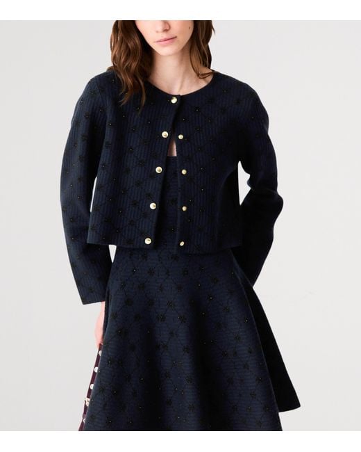 Maje Blue Embellished Jacquard Cropped Cardigan