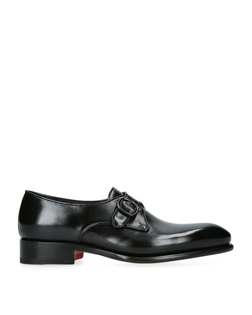 Santoni Black Leather Carter Single Monk Shoes for men