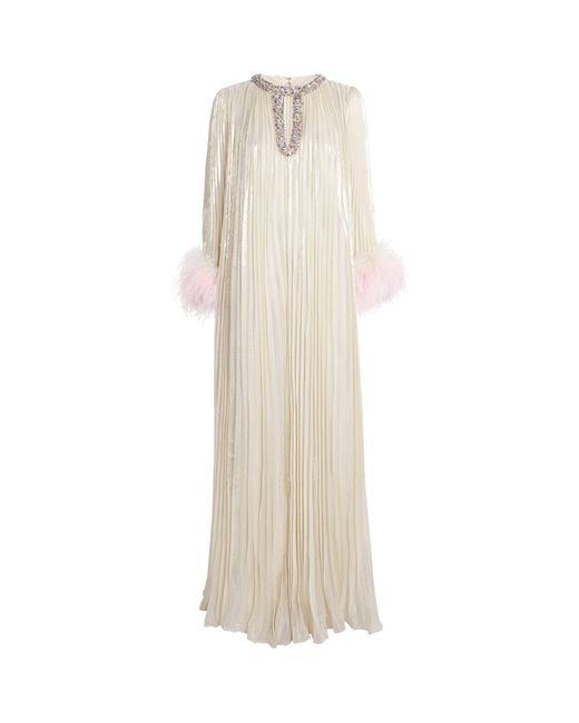 sachin and babi light blue dress Self-Portrait Silk-Blend Feather-Trim Maxi Dress in White