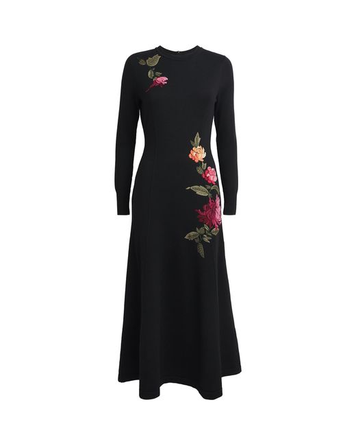 Carolina Herrera Black Virgin Wool-Silk Floral Embroidered Midi Dress