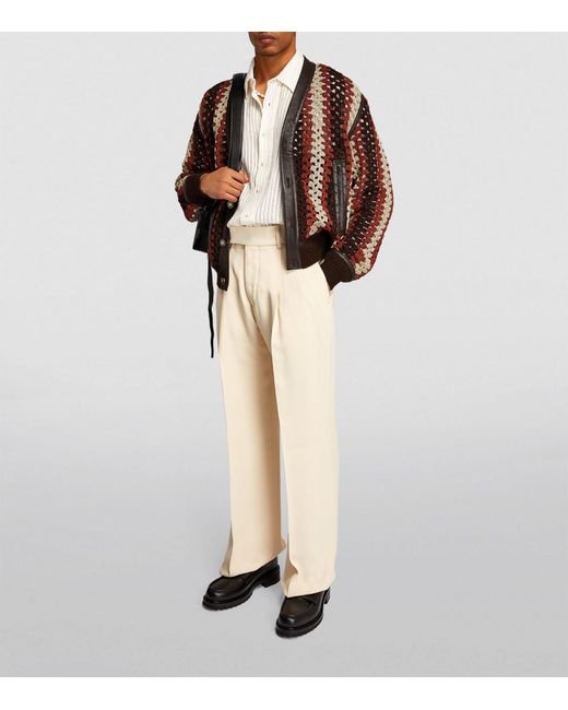 Amiri Brown Leather-trim Crochet Cardigan for men