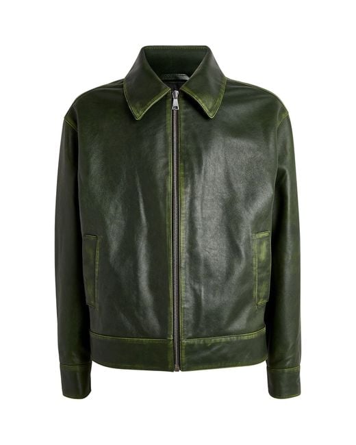 WOOD WOOD Green Vintage-wash Leather Jacket for men