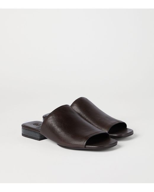 Brunello Cucinelli Brown Leather Monili-Trim Slippers