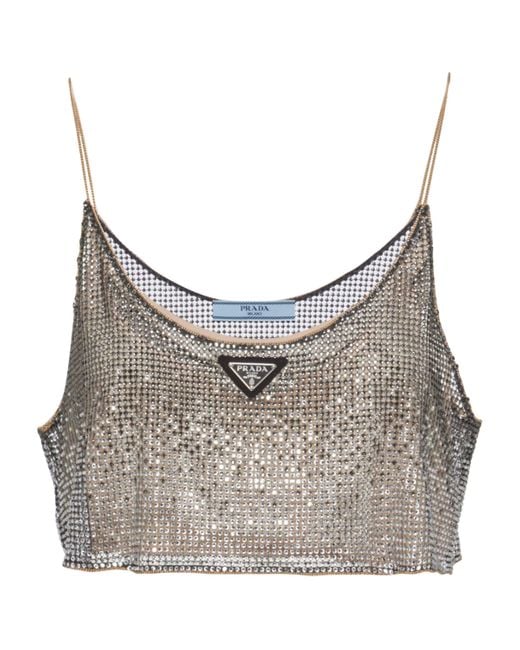 Prada Gray Rhinestone-Embroidered Mesh Top