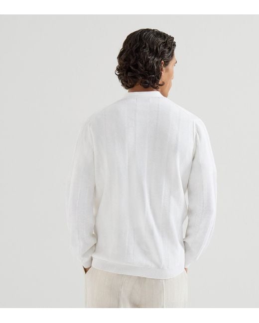 Brunello Cucinelli White Linen-Cotton Ribbed Cardigan for men