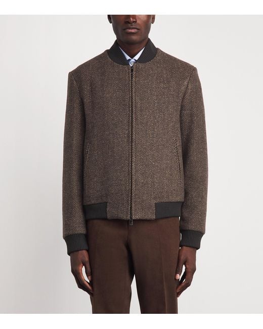 Corneliani Brown Wool Herringbone Bomber Jacket for men