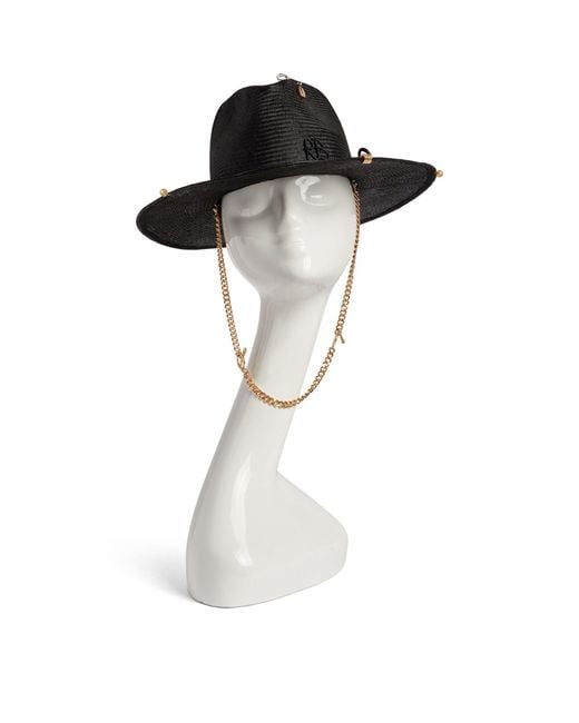 Ruslan Baginskiy Black Straw Fedora Hat With Chain Chin Strap