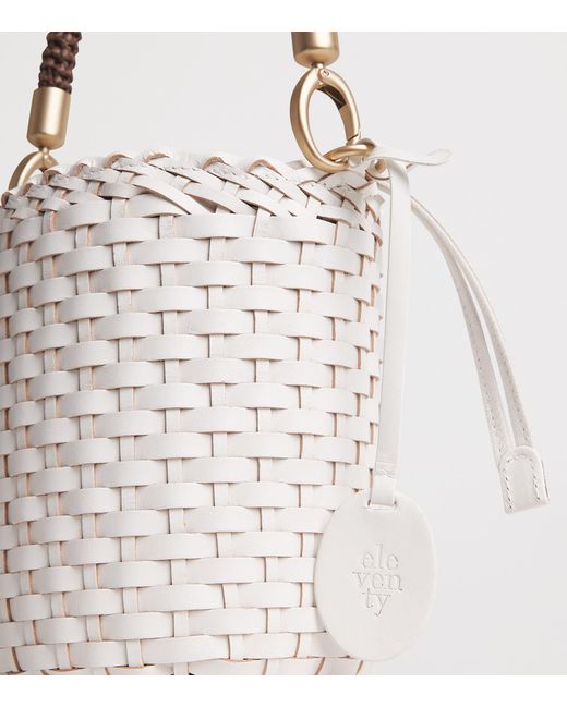 Eleventy White Leather Woven Bucket Bag