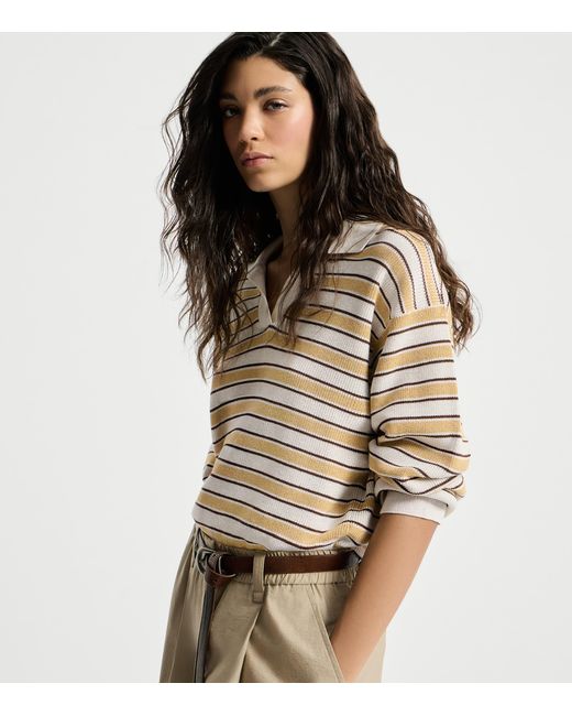 Brunello Cucinelli White Cotton-Blend Stripe Polo Sweater