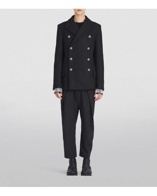 Balmain Black Wool-blend Pea Coat for men