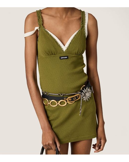 Miu Miu Green Cotton Lace-Trim Mini Dress