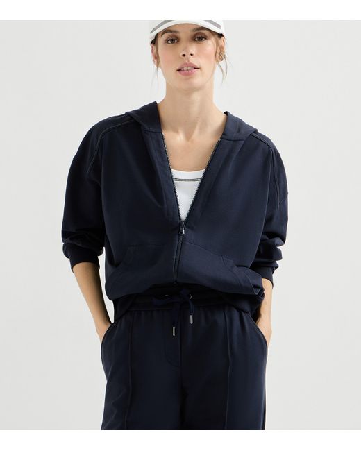 Brunello Cucinelli Blue Stretch-Cotton Embellished Hoodie