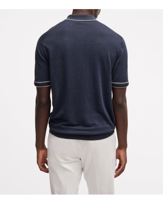 Boss Blue Linen-Blend Zip Polo Shirt for men