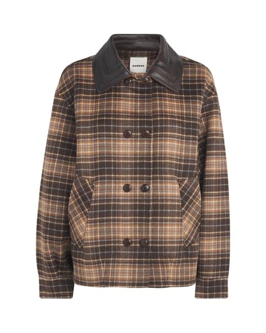 Sandro Brown Wool-Blend Oversized Check Coat
