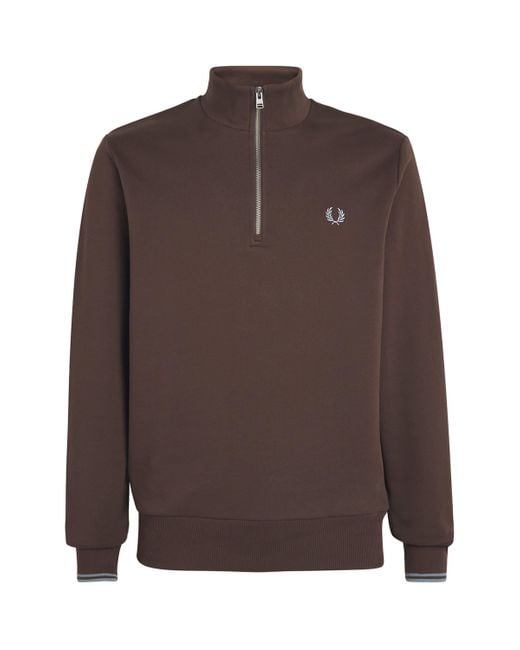 Fred Perry Brown Cotton Quarter-Zip Sweatshirt for men