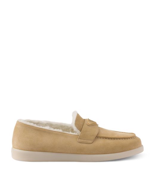 Prada Natural Suede-Shearling Triangle Loafers