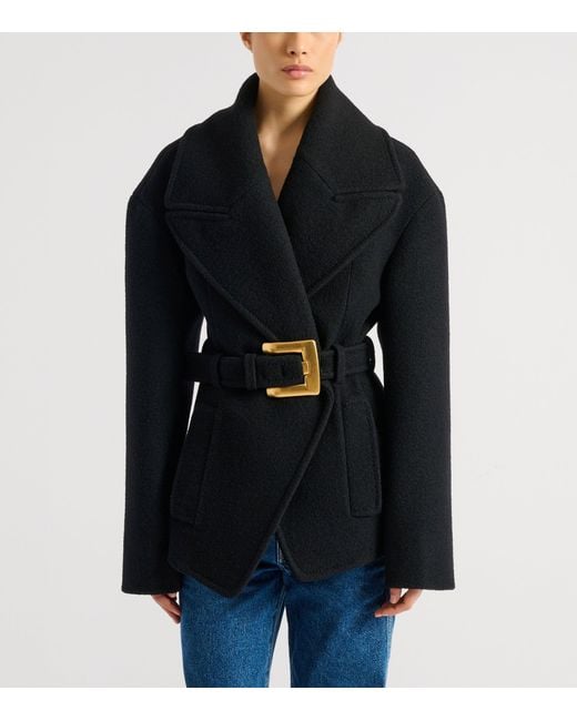 Balmain Black Virgin Wool Belted Pea Coat