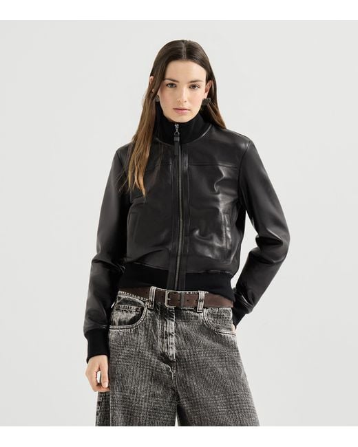 Brunello Cucinelli Black Nappa Leather Bomber Jacket