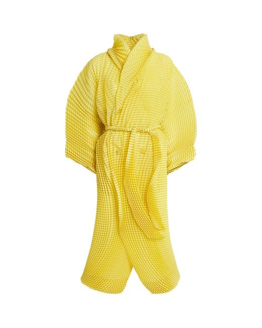 Issey Miyake Yellow Hand Pleats Stripe Coat