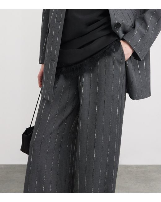 Self-Portrait Gray Embellished Pinstripe Wide-Leg Trousers