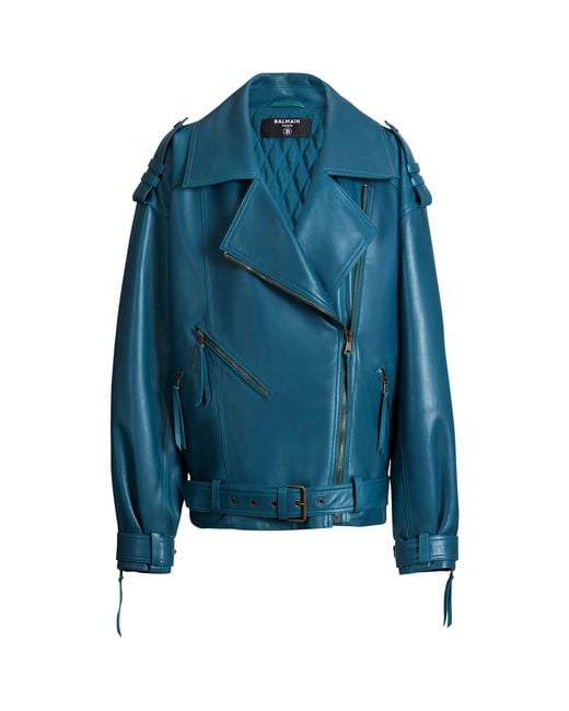 Balmain Blue Lambskin Biker Jacket