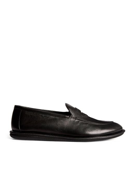 Giorgio Armani Black Leather Monogram-Embroidered Loafers for men