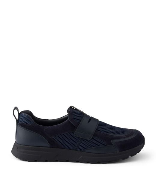 Prada Blue Leather-Mesh Sneakers for men
