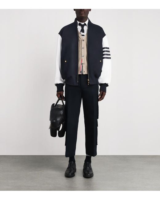 Thom Browne Blue Wool-Leather 4-Bar Oversized Bomber Jacket for men