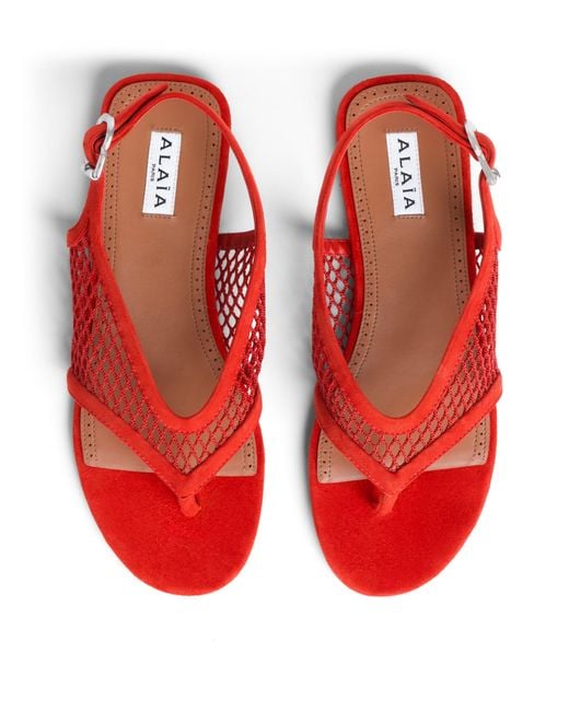 Alaïa Red Suede Fishnet Sandals