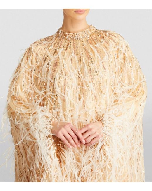 Pamella Roland Natural Embellished Ostrich Feather Kaftan Gown