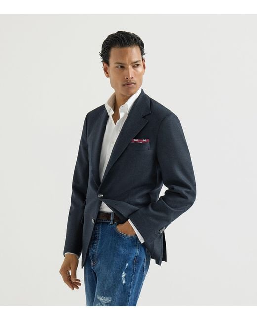 Brunello Cucinelli Blue Mouliné Virgin Wool Twill Deconstructed Blazer for men