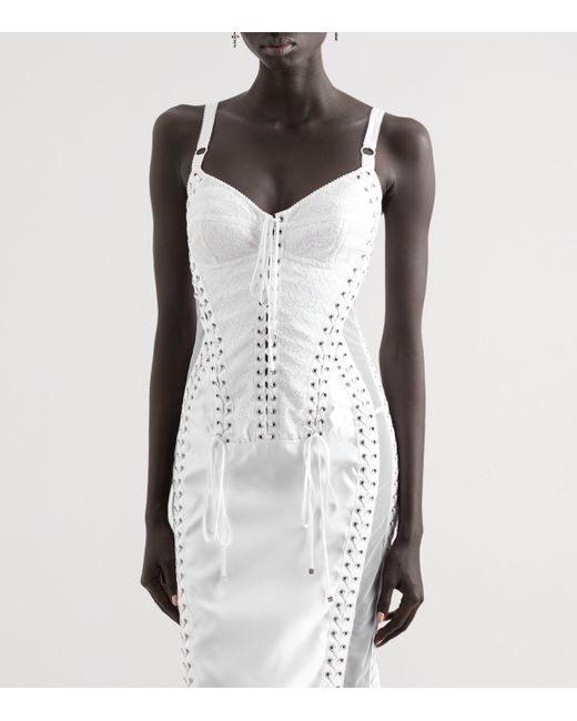 Dolce & Gabbana White Satin Corset-Detail Midi Dress