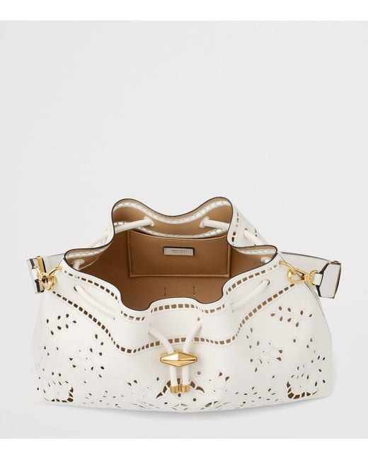 Jimmy Choo White Medium Cinch Cut-Out Leather Bucket Bag