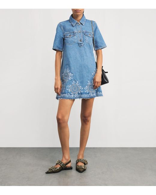 Ganni Blue Organic Cotton Mini Shirt Dress