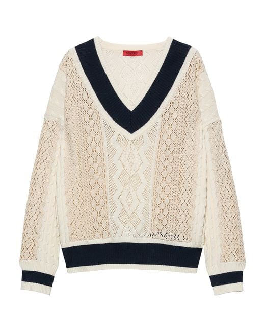 MAX&Co. White Cotton Crochet V-Neck Sweater