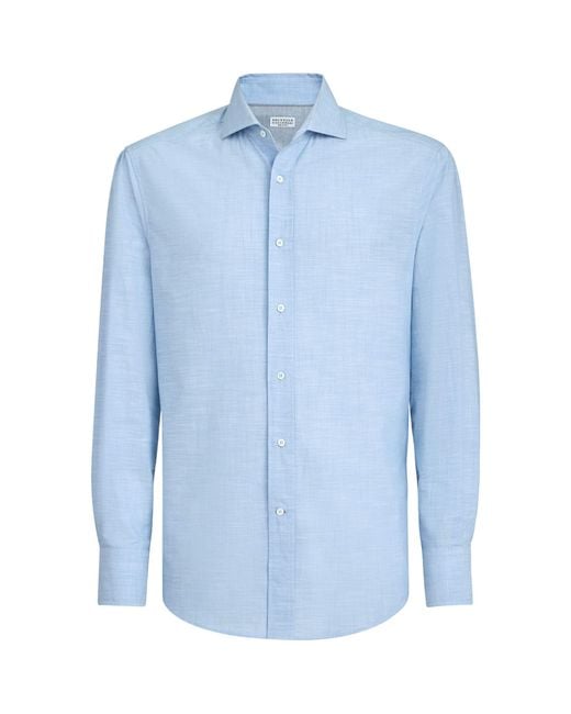 Brunello Cucinelli Blue Cotton Oxford Slim-Fit Shirt for men