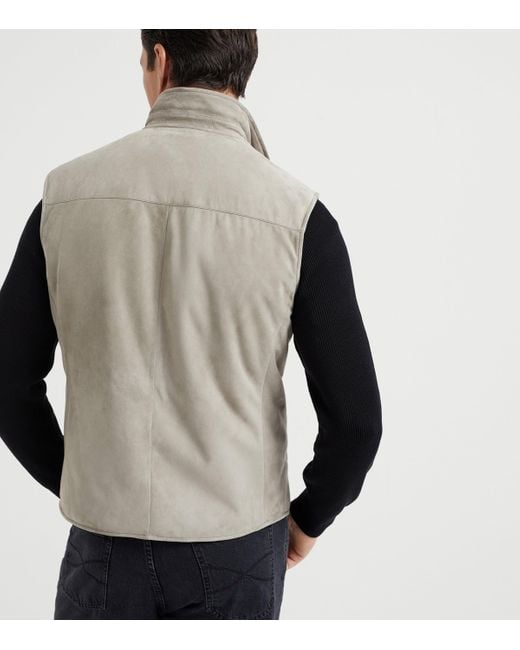 Brunello Cucinelli Brown Leather Reversible Padded Gilet for men