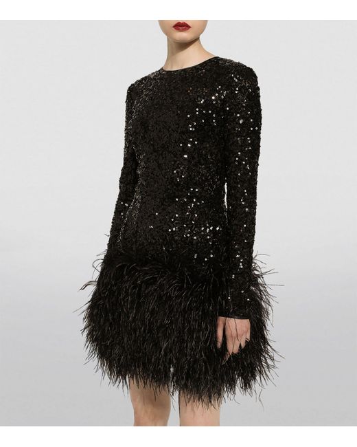 Dolce & Gabbana Black Sequin-embellished Feather-trim Mini Dress