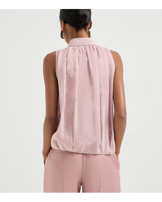 Brunello Cucinelli Pink Linen-Silk Stripe Sleeveless Shirt
