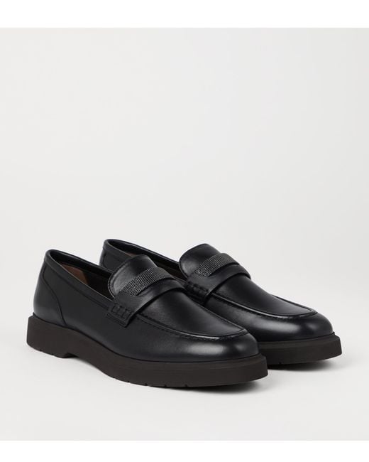 Brunello Cucinelli Black Leather Monili Penny Loafers
