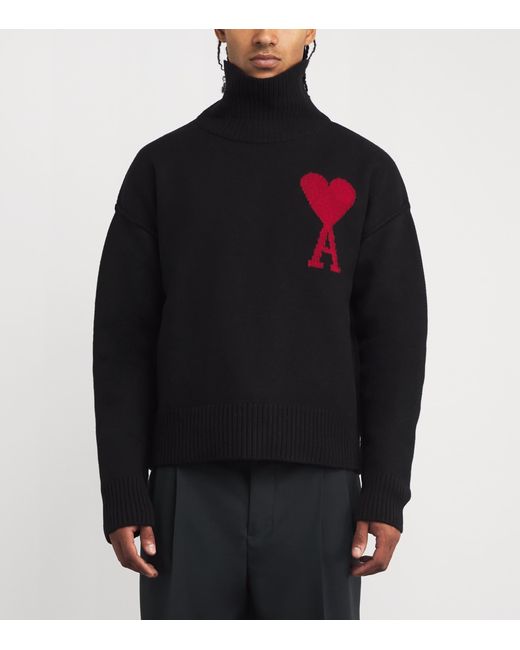 AMI Black Virgin Wool Logo Rollneck Sweater for men