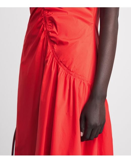 Theory Red Asymmetric Ruched Midi Dress